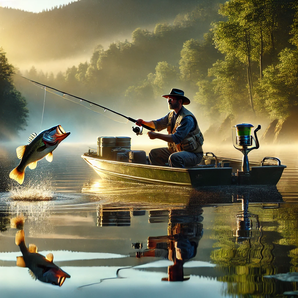 Fisherman catching a big bass on a calm lake at sunrise, surrounded by lush green trees and mist rising from the water.