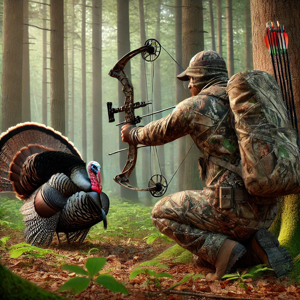 Bow hunter in camouflage aiming a compound bow at a wild turkey in a dense forest clearing, with soft morning light filtering through the trees.