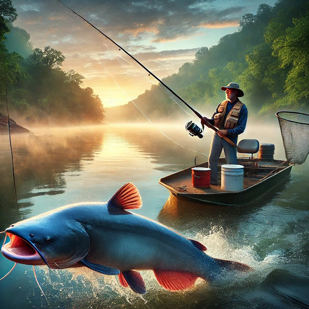 Angler on a boat reeling in a large blue catfish on the Cumberland River at sunrise, with mist rising from the water and lush greenery in the background.