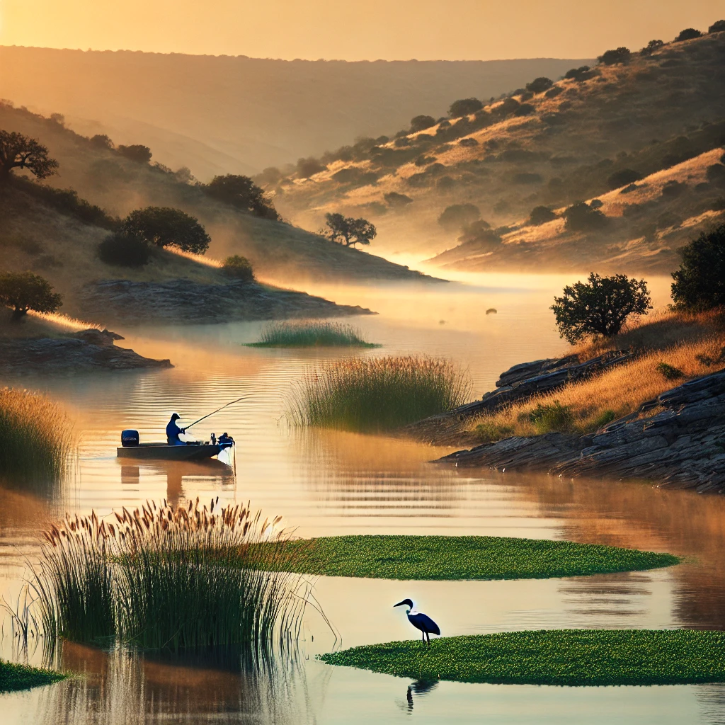 A peaceful sunrise at Stillhouse Hollow Lake with a golden glow over calm waters, an angler casting from a small boat near submerged vegetation, rolling Texas hills in the background, and a heron wading by the shore.