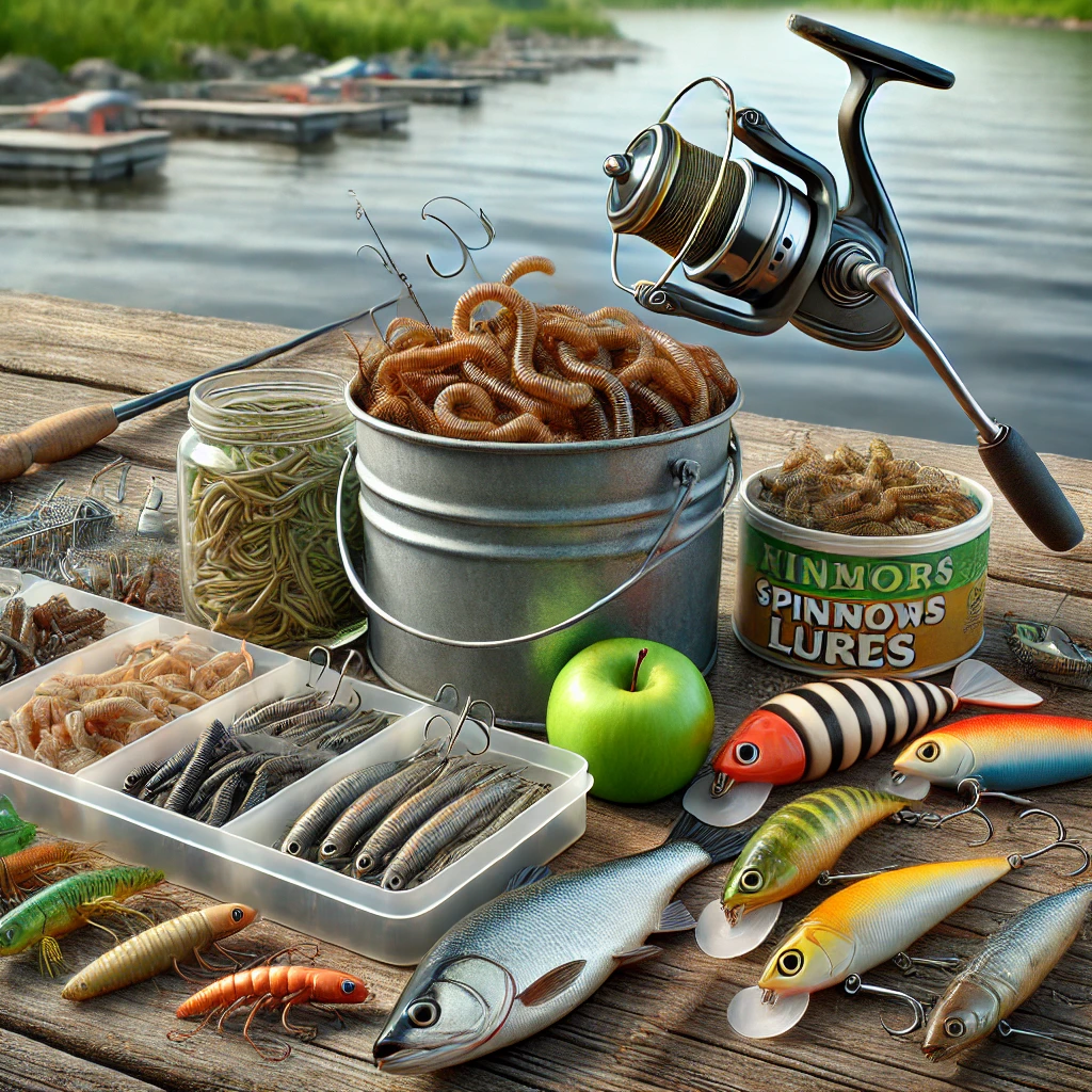 Various fishing baits displayed on a wooden dock by a lake, including live worms, minnows, crickets, and artificial lures like crankbaits, spinnerbaits, and soft plastic worms, with a fishing rod and calm lake in the background.