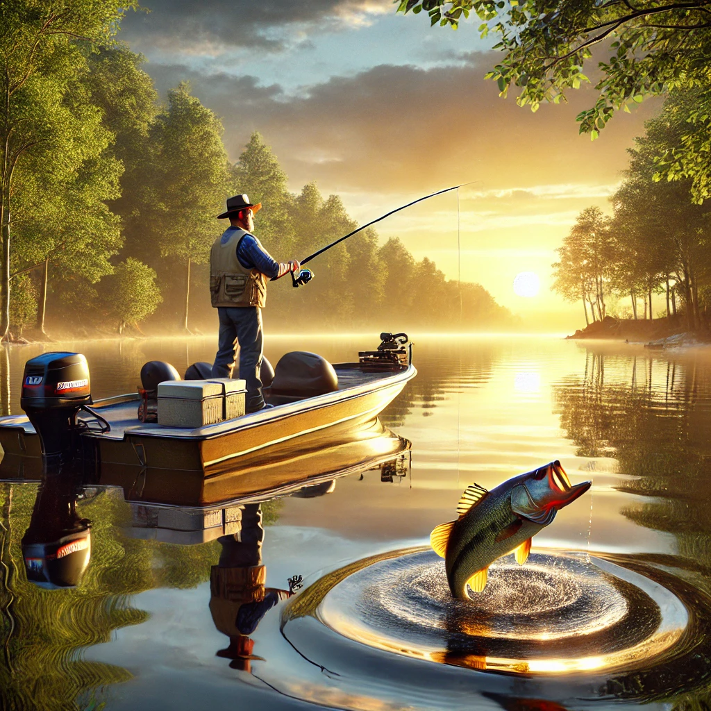 Fisherman bass fishing at sunrise on a calm lake with a largemouth bass on the line, surrounded by trees and mist.