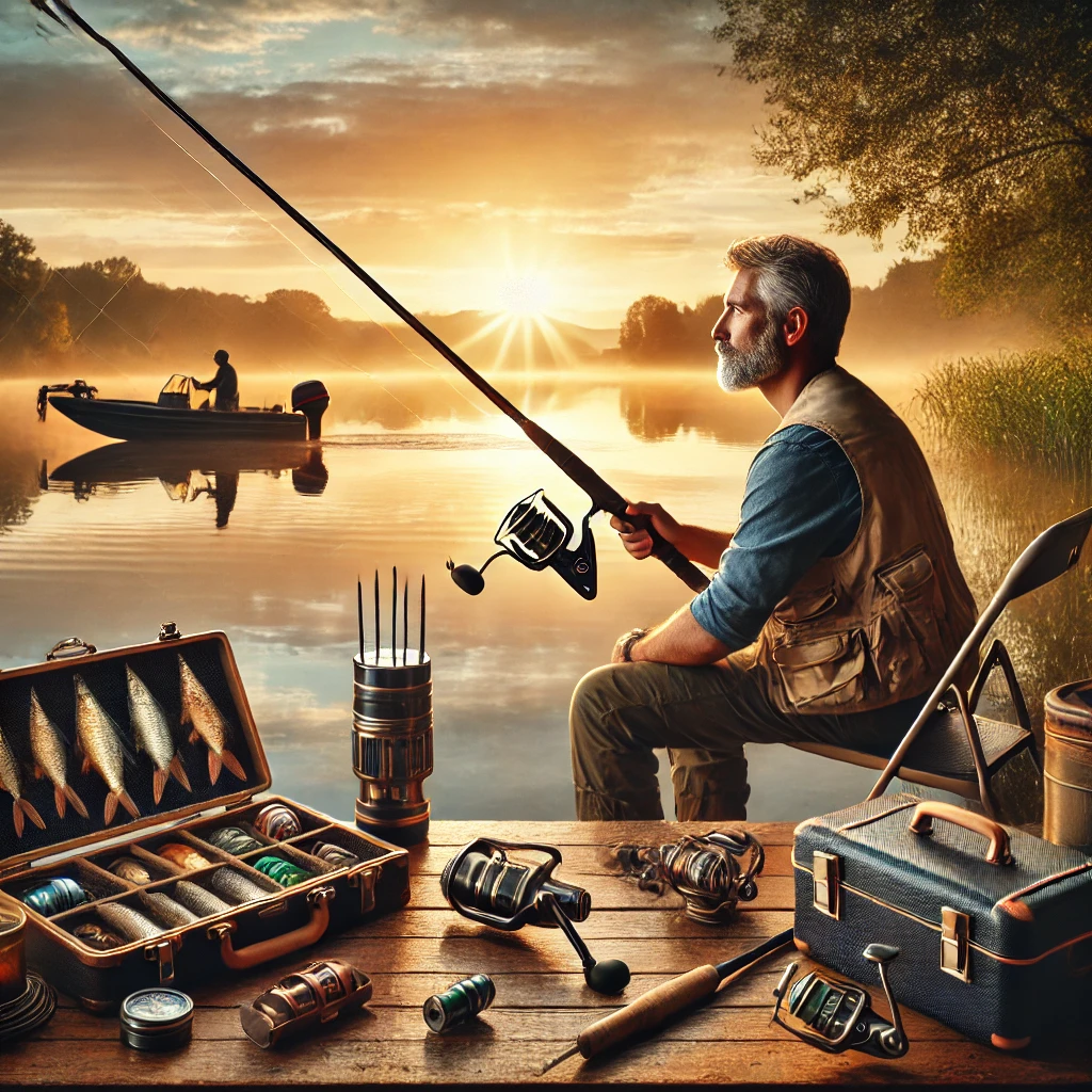 an image representing the serene joy of fishing with thoughtful gear and accessories for an avid fisherman. Let me know if you need any adjustments!