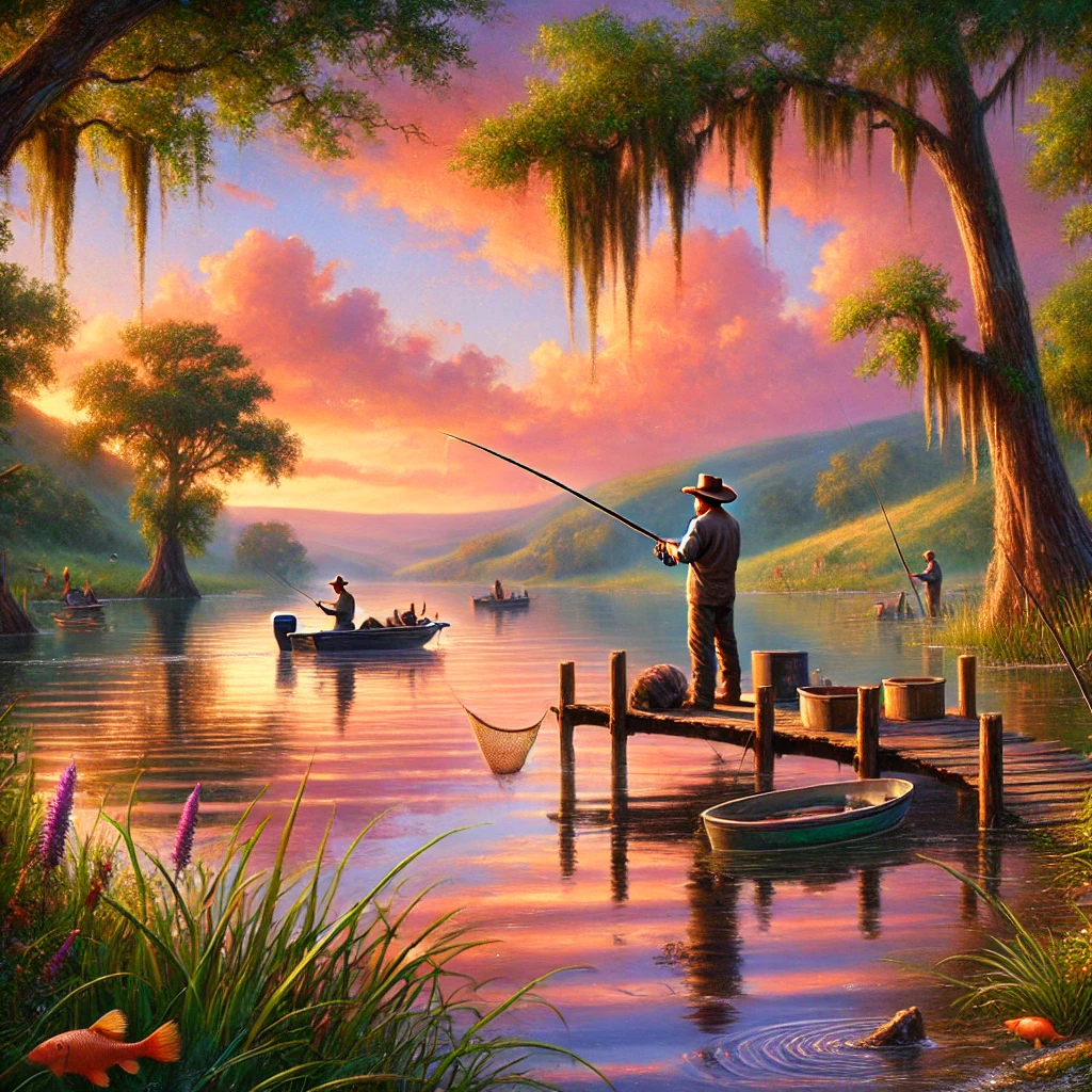 An image of fishing in Texas, capturing the peaceful charm of a lake at sunrise with lush surroundings and serene waters.