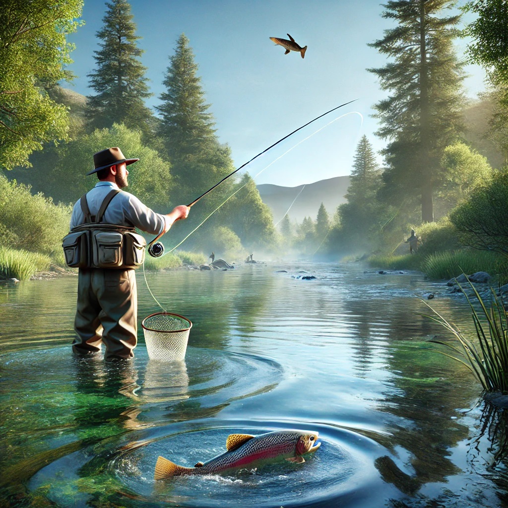 Fly fisherman casting line in a clear river with a trout jumping nearby.