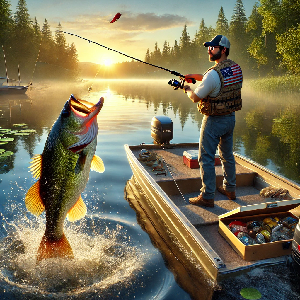 Angler on a small boat in a calm lake at sunrise, reeling in a large, splashing largemouth bass, surrounded by lush green trees with shimmering water reflections.