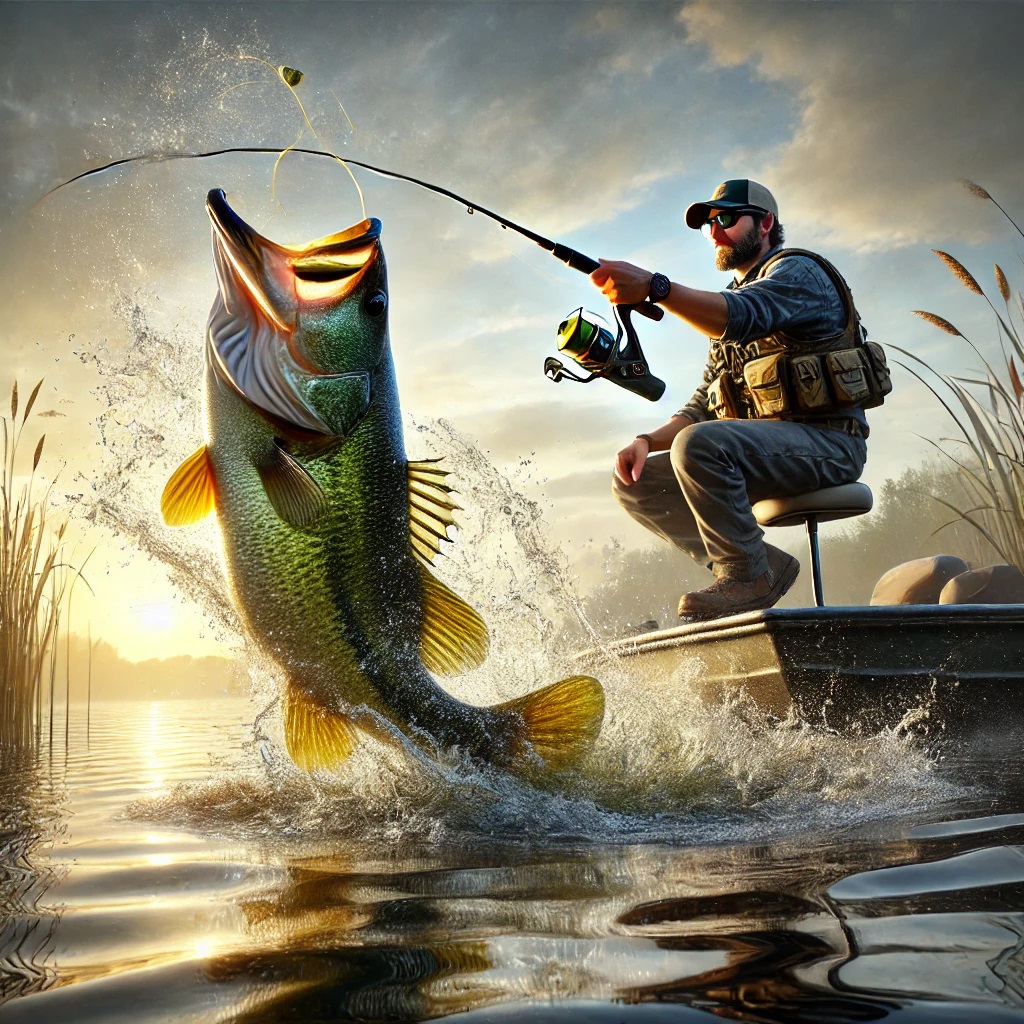 Angler in a small boat reeling in a massive largemouth bass leaping out of a calm lake at sunrise, with water splashing and reeds along the shoreline in the background.