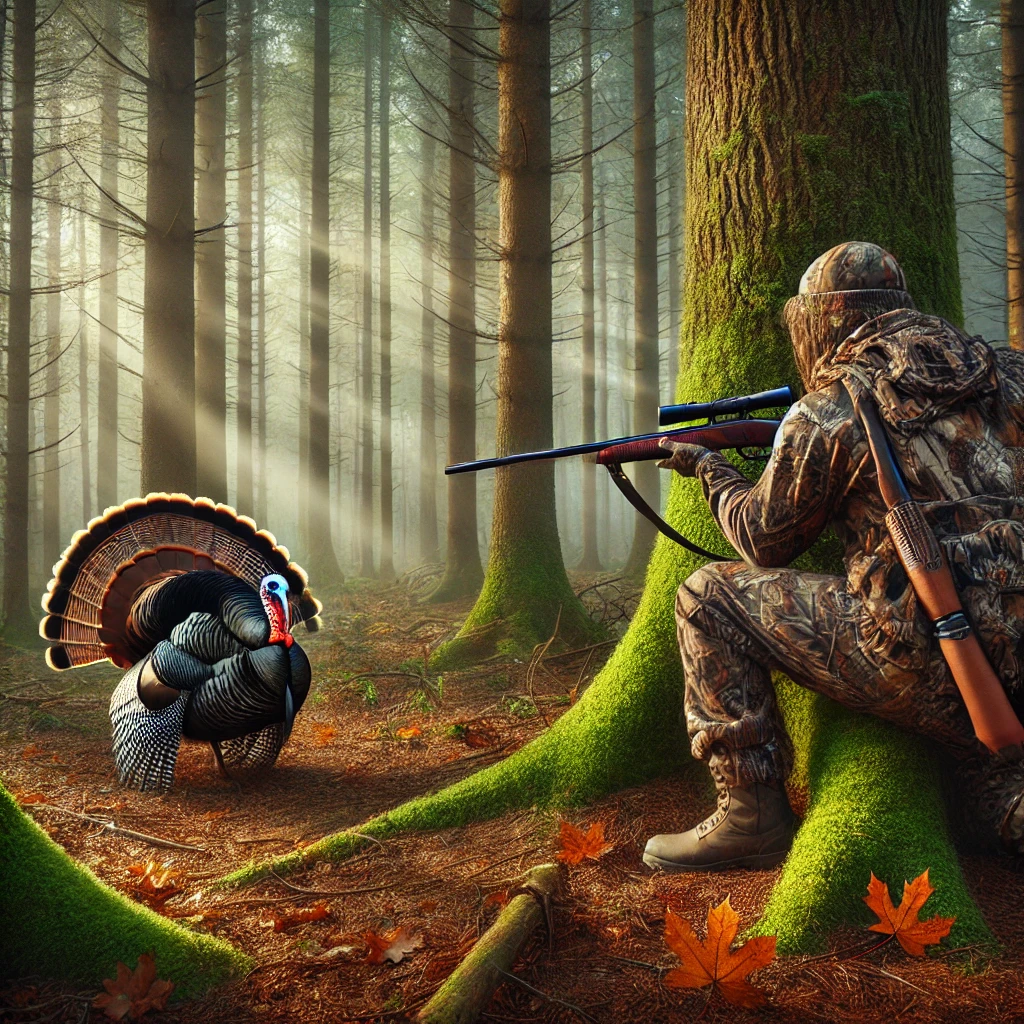 Hunter in camouflage aiming at a wild turkey in a dense forest during an early morning hunt.