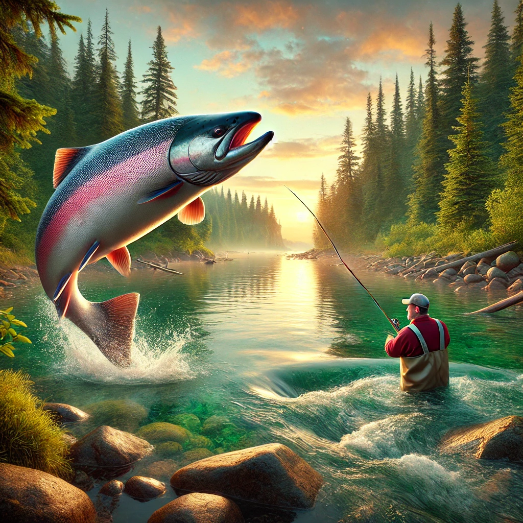 Fisherman casting line in a Minnesota river as a salmon leaps out of the water with forested banks in the background.