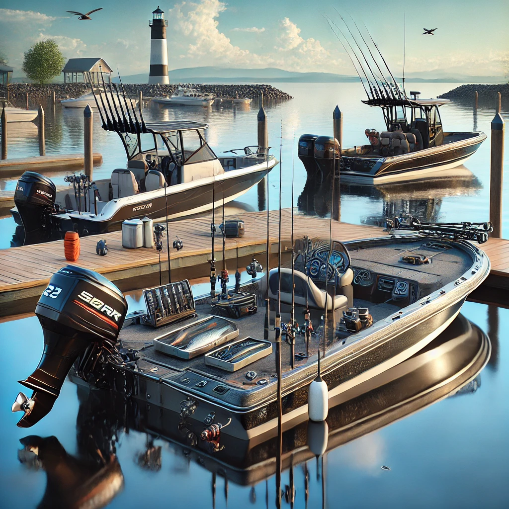 A variety of fishing boats at a marina, including a bass boat, aluminum boat, and center console boat, equipped with fishing gear, under a sunny sky with calm waters and a lighthouse in the background.