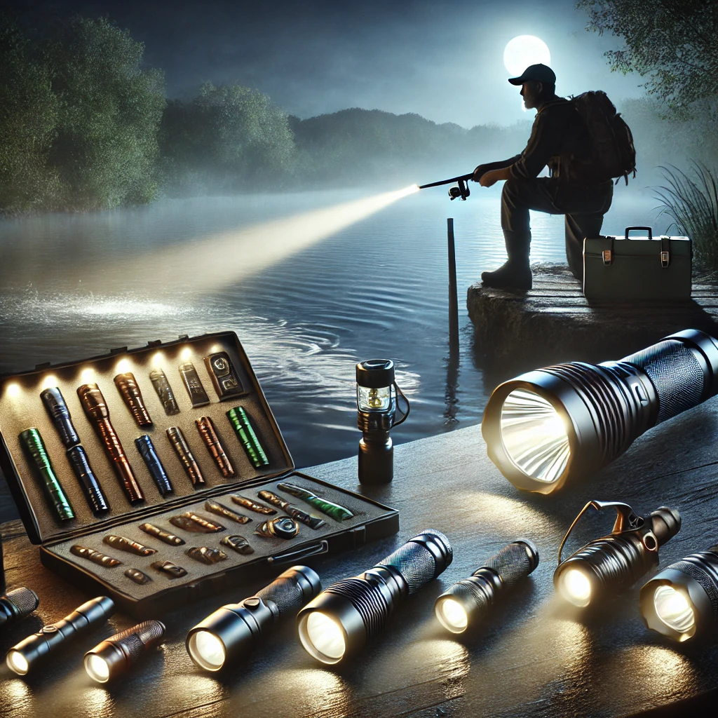 Fisherman at night by a calm lake holding a waterproof LED flashlight, illuminating fishing gear and tackle box, with a starry sky and tranquil water in the background, highlighting essential lighting for nighttime fishing.