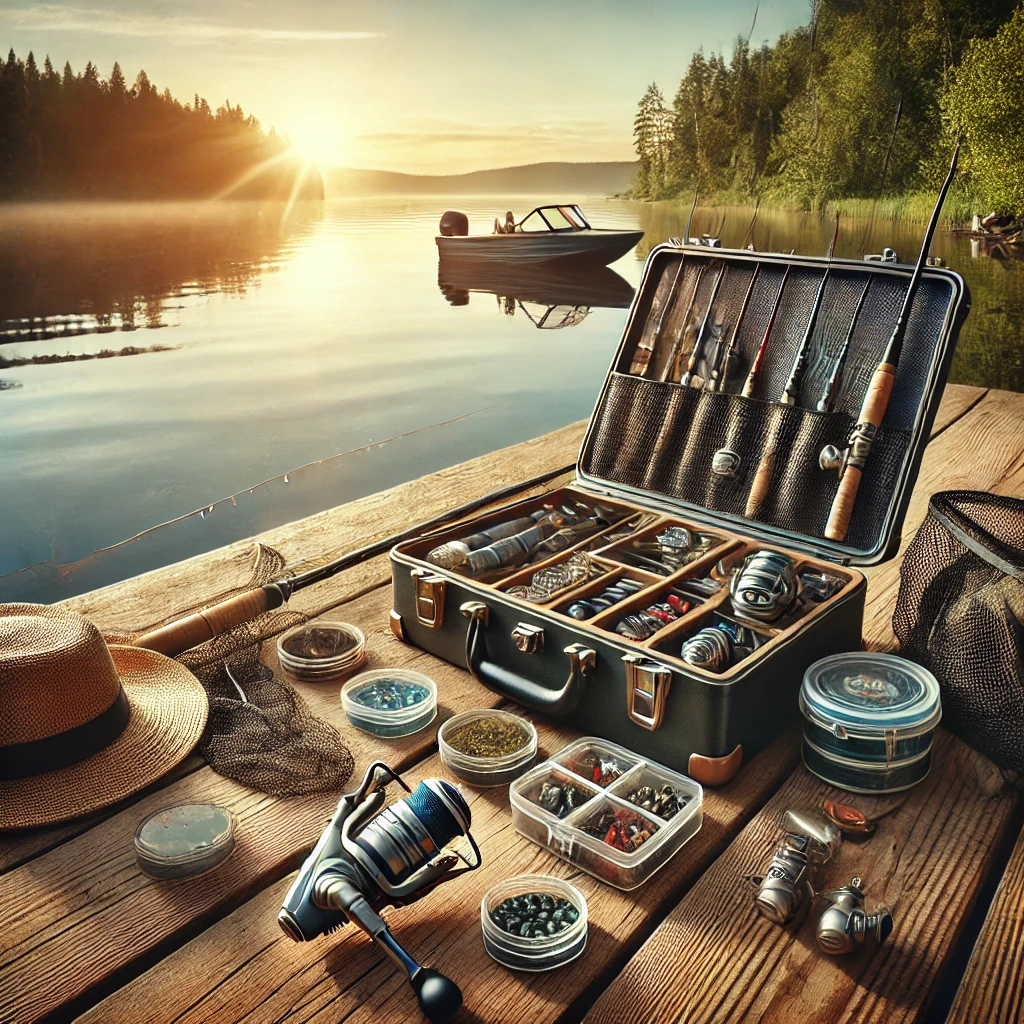 A comprehensive fishing kit displayed on a wooden dock by a calm lake at sunrise, including a fishing rod, reel, tackle box with lures and hooks, a net, bait, and a backpack, with a boat in the distance.