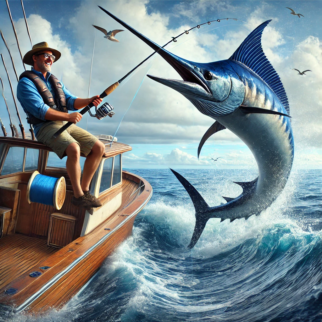 Fisherman on a boat during a deep-sea fishing trip, reeling in a large marlin leaping out of the ocean, with waves, seagulls, and a clear blue sky in the background.