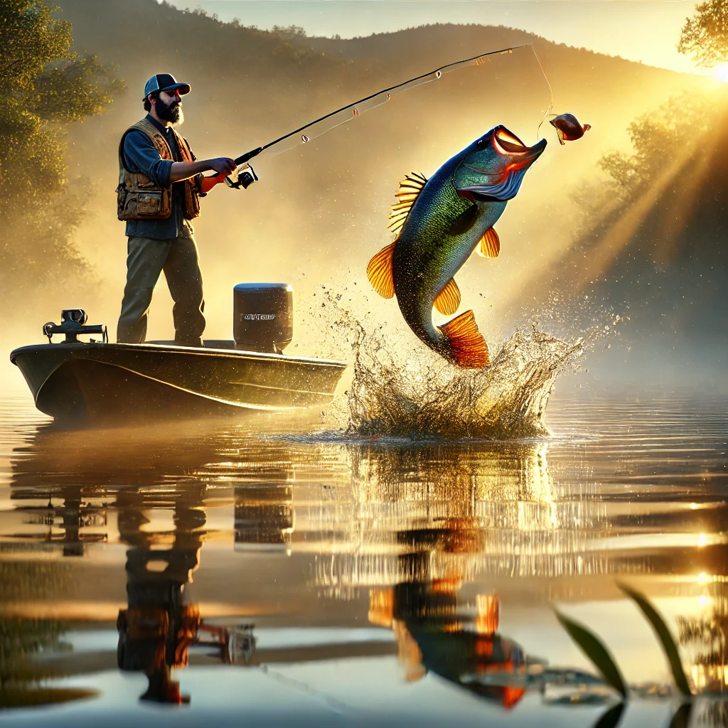 Fisherman on a calm lake at sunrise casting a topwater lure, with a large bass leaping out of the water to strike, surrounded by mist and lush trees reflecting in the golden light.